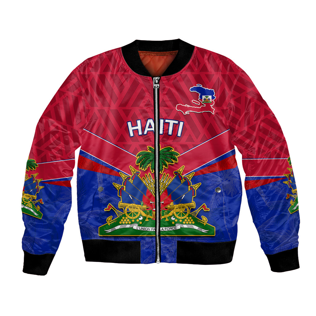 Red/blue bomber jacket, front zipper, Haiti flag emblem, ribbed hem and cuffs