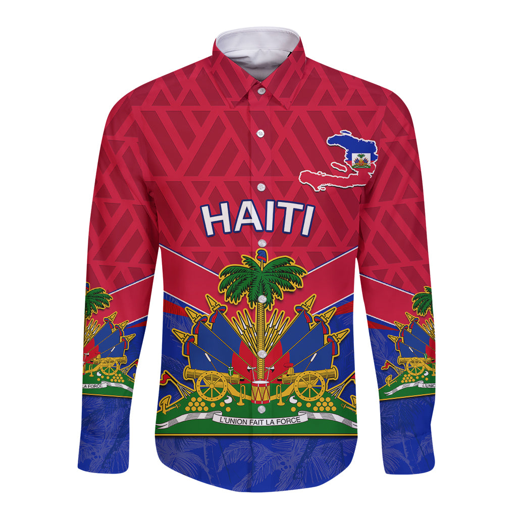 Red long-sleeve button shirt with front Haiti graphic, coat-of-arms and map