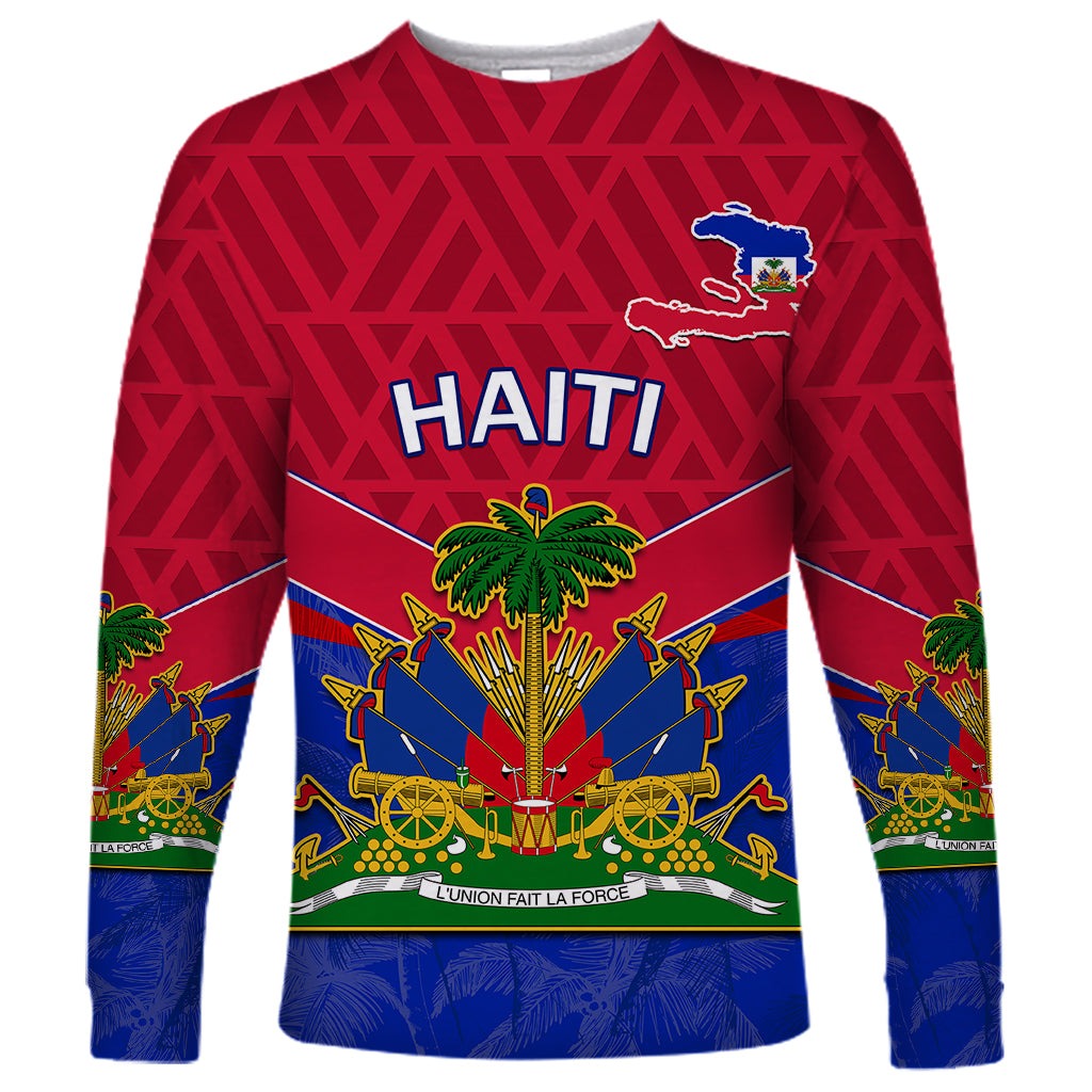 Unisex red long-sleeve shirt with Haiti map and coat of arms graphic