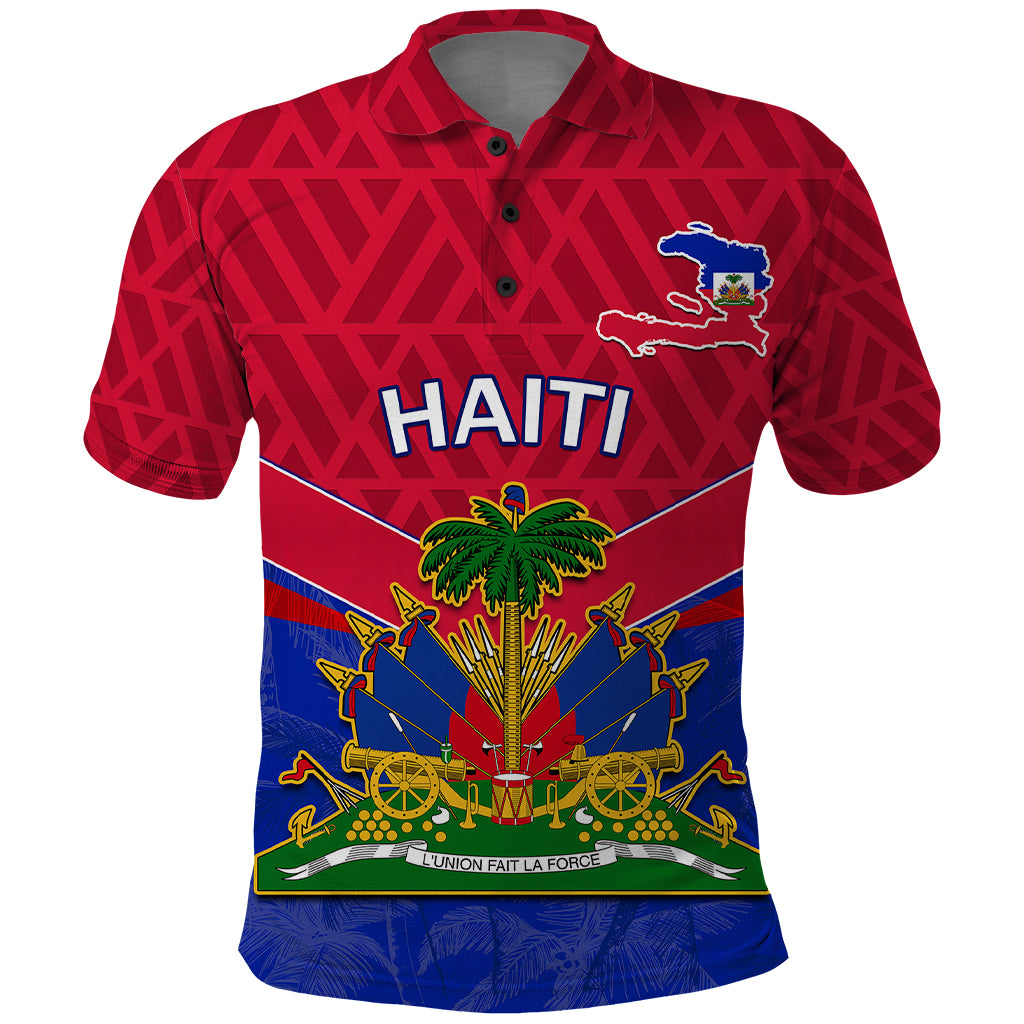 Red polo shirt with front crest graphic and HAITI lettering, short sleeves