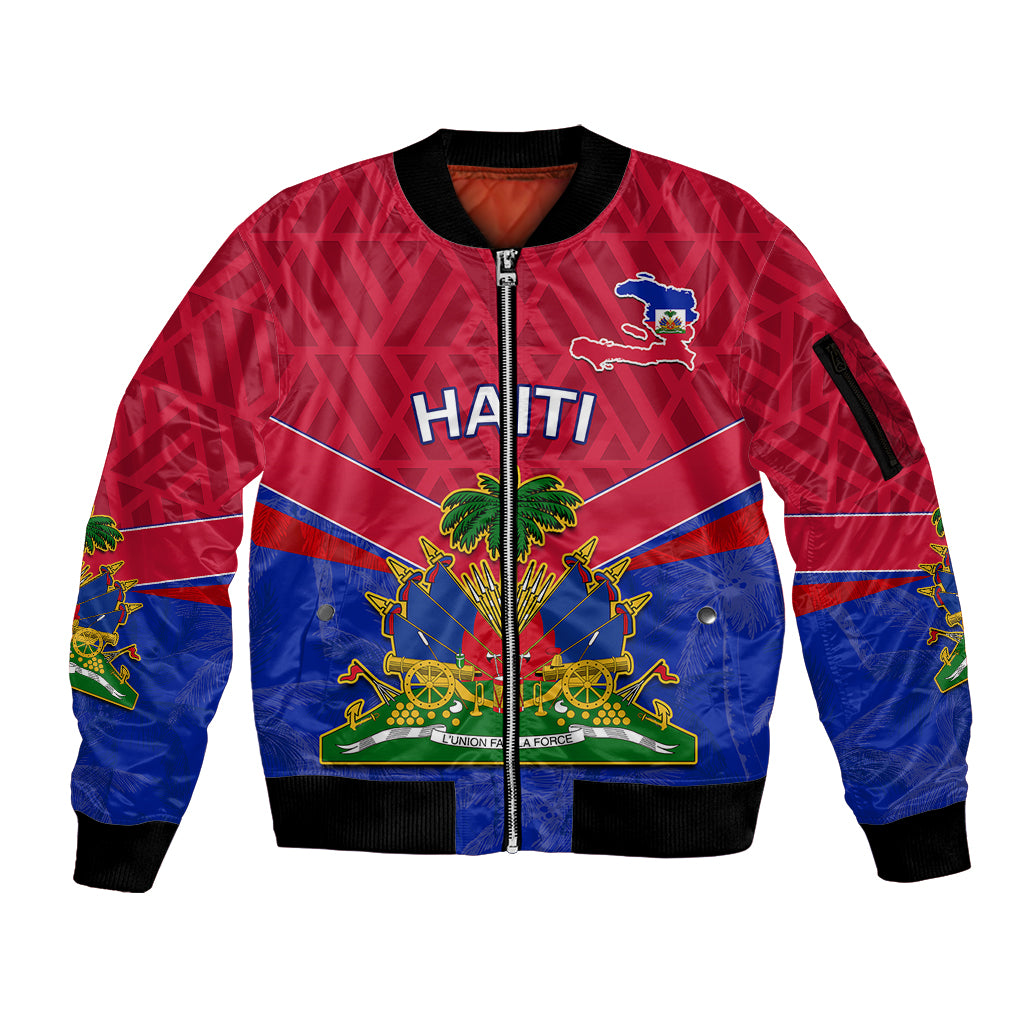 Custom Haiti Sleeve Zip Bomber Jacket Ayiti Coat Of Arms With Map TS06 - Wonder Print Shop