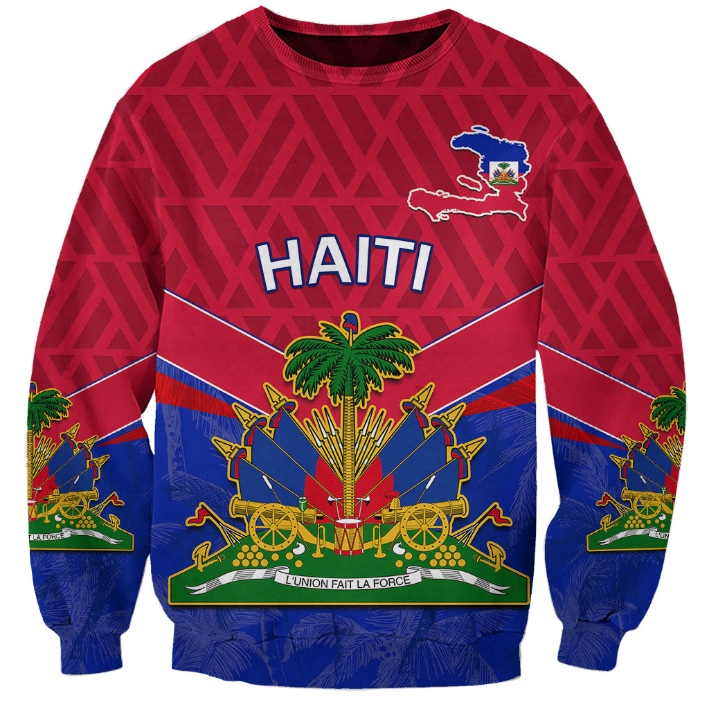 Red crewneck sweatshirt with Haiti graphic coat of arms, long sleeves