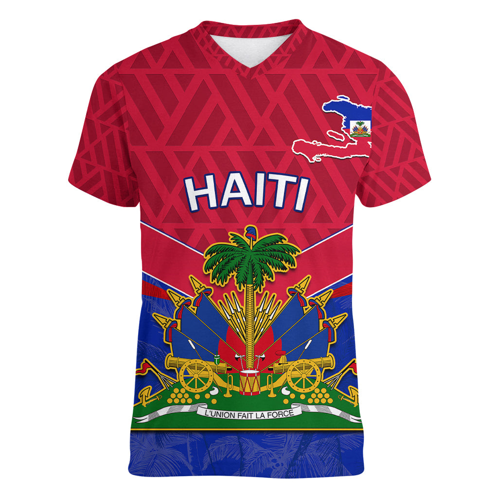 Custom Haiti Women V Neck T Shirt Ayiti Coat Of Arms With Map TS06 - Wonder Print Shop