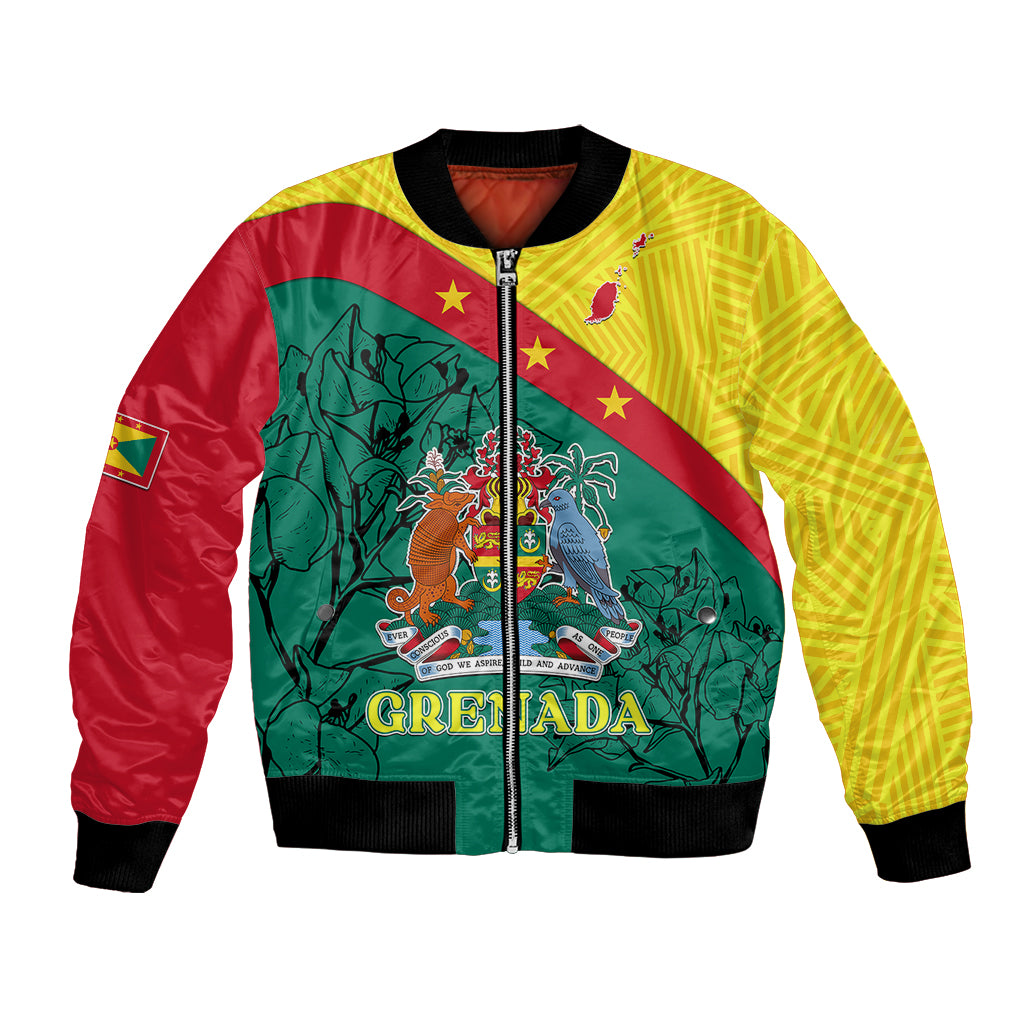 Unisex bomber jacket with Grenada flag panels, central crest graphic, zip front