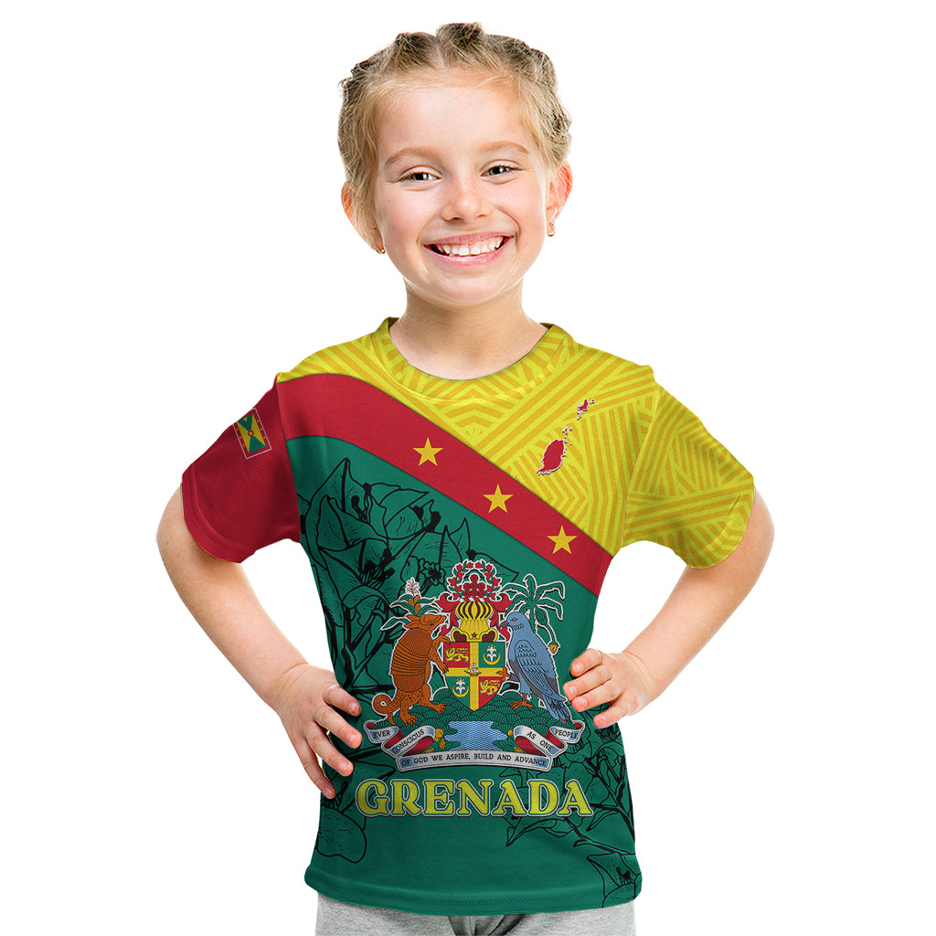 Custom Grenada Kid T Shirt Coat Of Arms With Bougainvillea Flowers TS06 - Wonder Print Shop