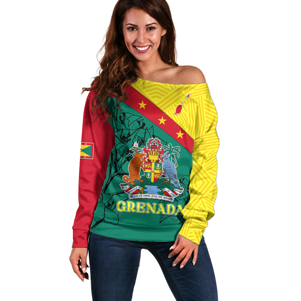 Custom Grenada Off Shoulder Sweater Coat Of Arms With Bougainvillea Flowers TS06 - Wonder Print Shop