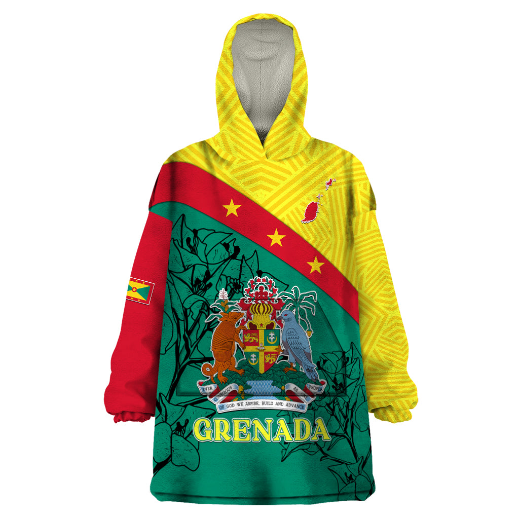 Custom Grenada Wearable Blanket Hoodie Coat Of Arms With Bougainvillea Flowers TS06 - Wonder Print Shop