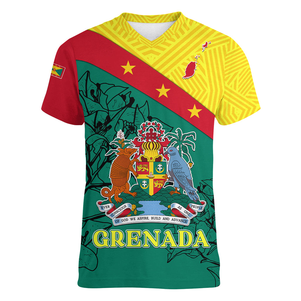 Custom Grenada Women V Neck T Shirt Coat Of Arms With Bougainvillea Flowers TS06 - Wonder Print Shop