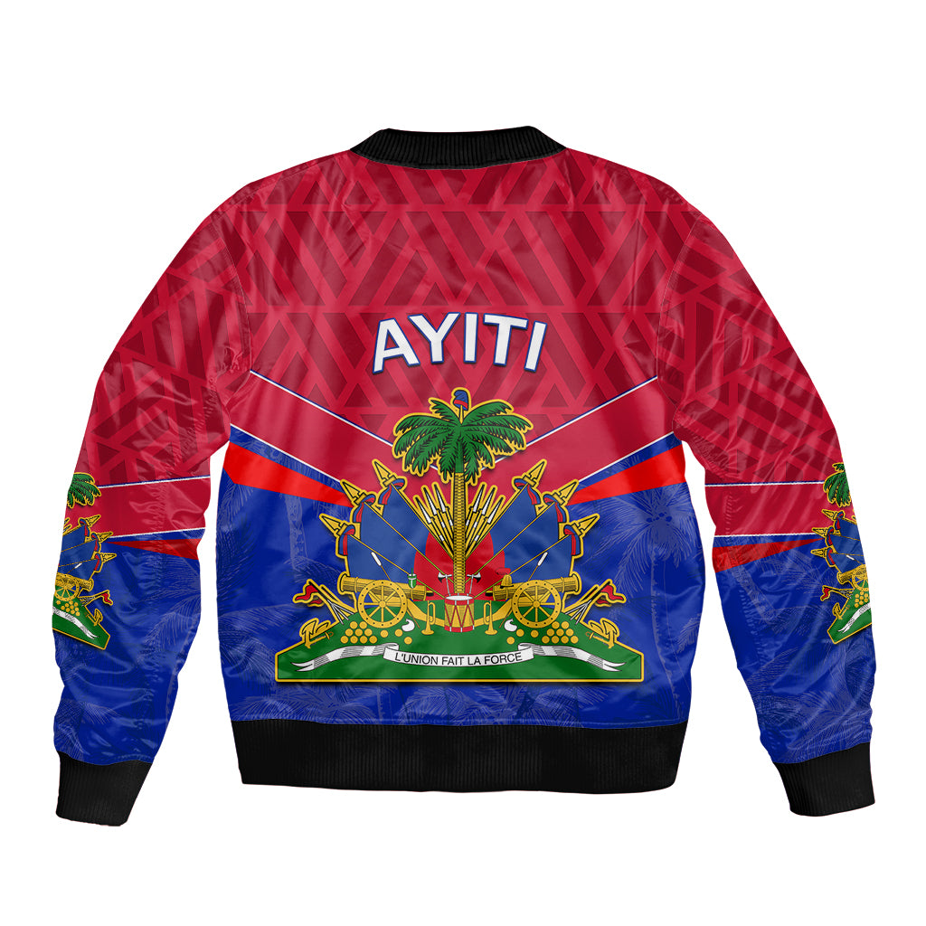 Red and blue bomber jacket with ribbed cuffs and hem, featuring AYITI back print