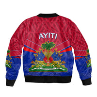 Red and blue bomber jacket with ribbed cuffs and hem, featuring AYITI back print