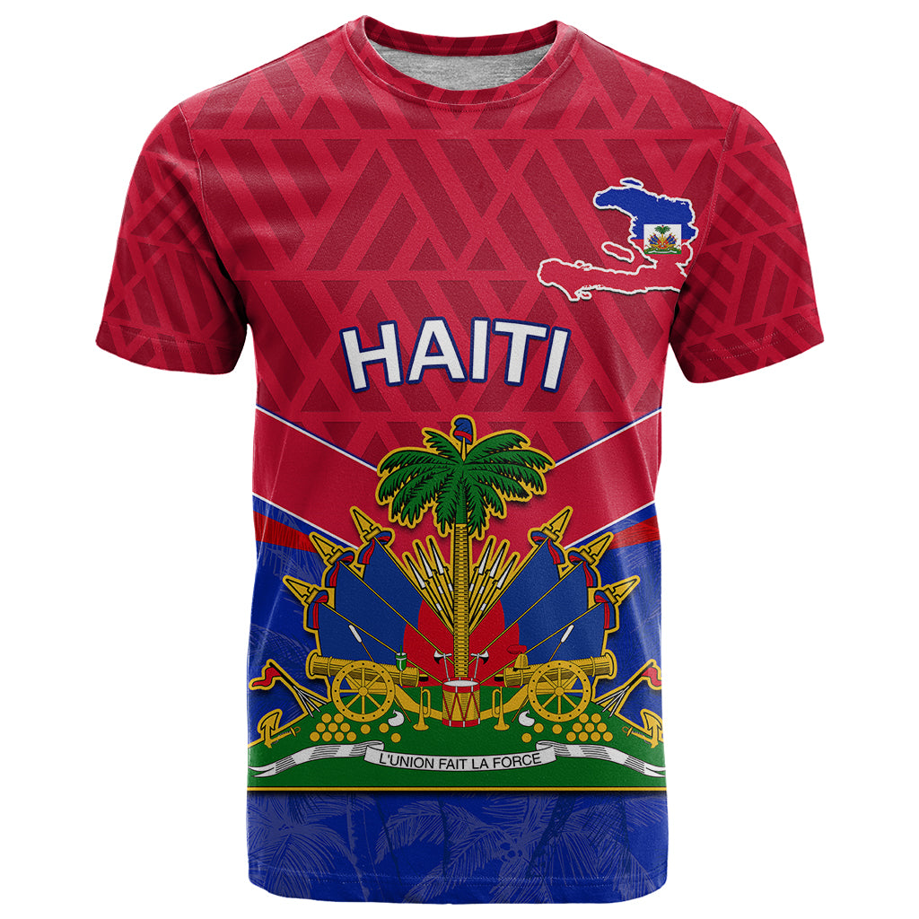 Red graphic T-shirt with coat of arms, map outline, and 'HAITI' text