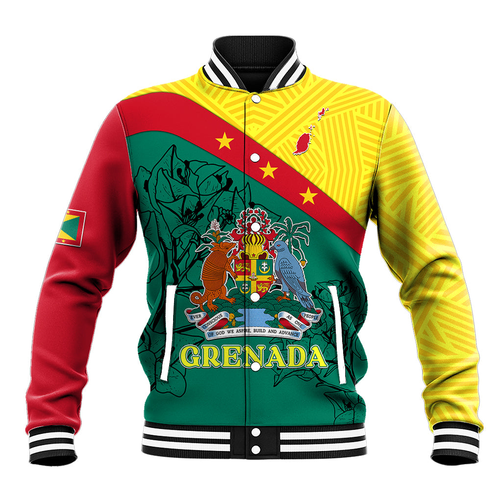 Unisex baseball jacket with front zipper, red yellow green graphic coat of arms