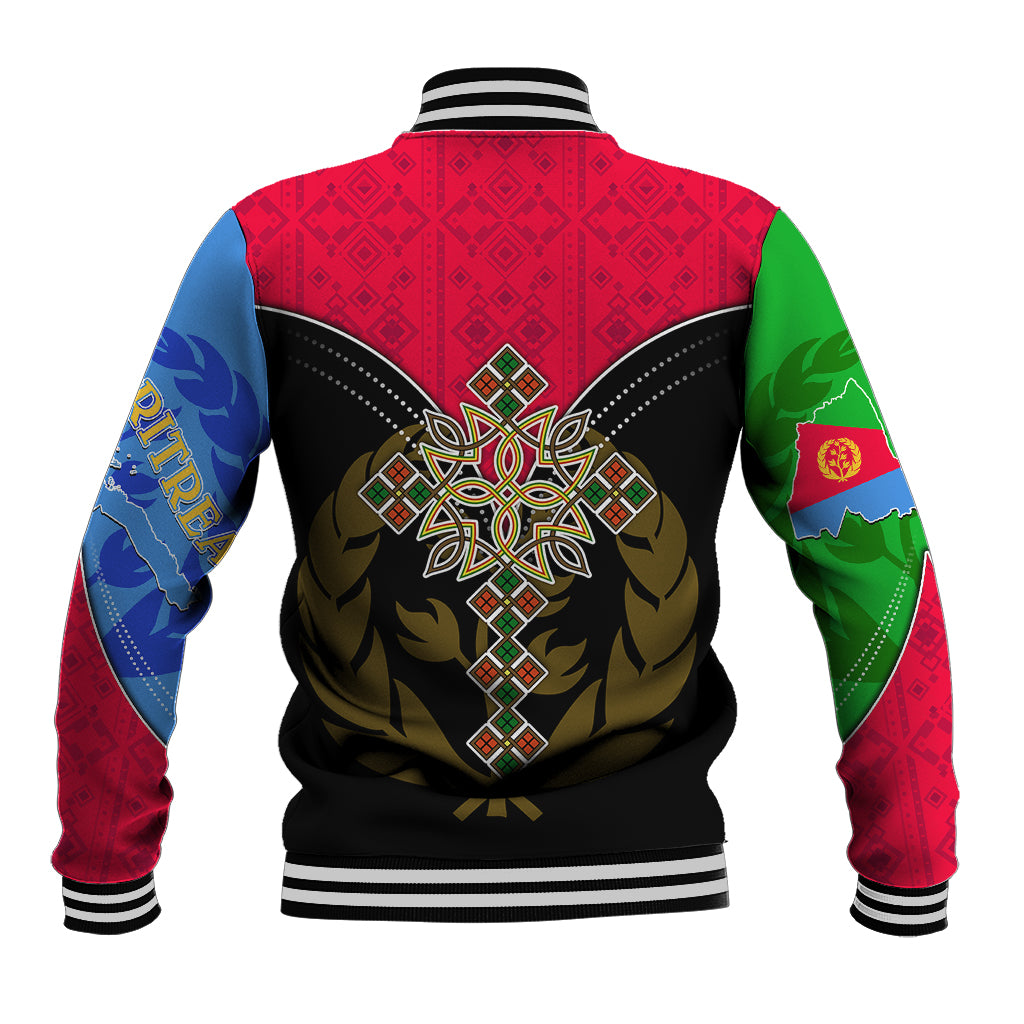 Unisex baseball jacket back view with multicolor sleeves, black panel, large emblem and cross