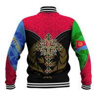 Unisex baseball jacket back view with multicolor sleeves, black panel, large emblem and cross