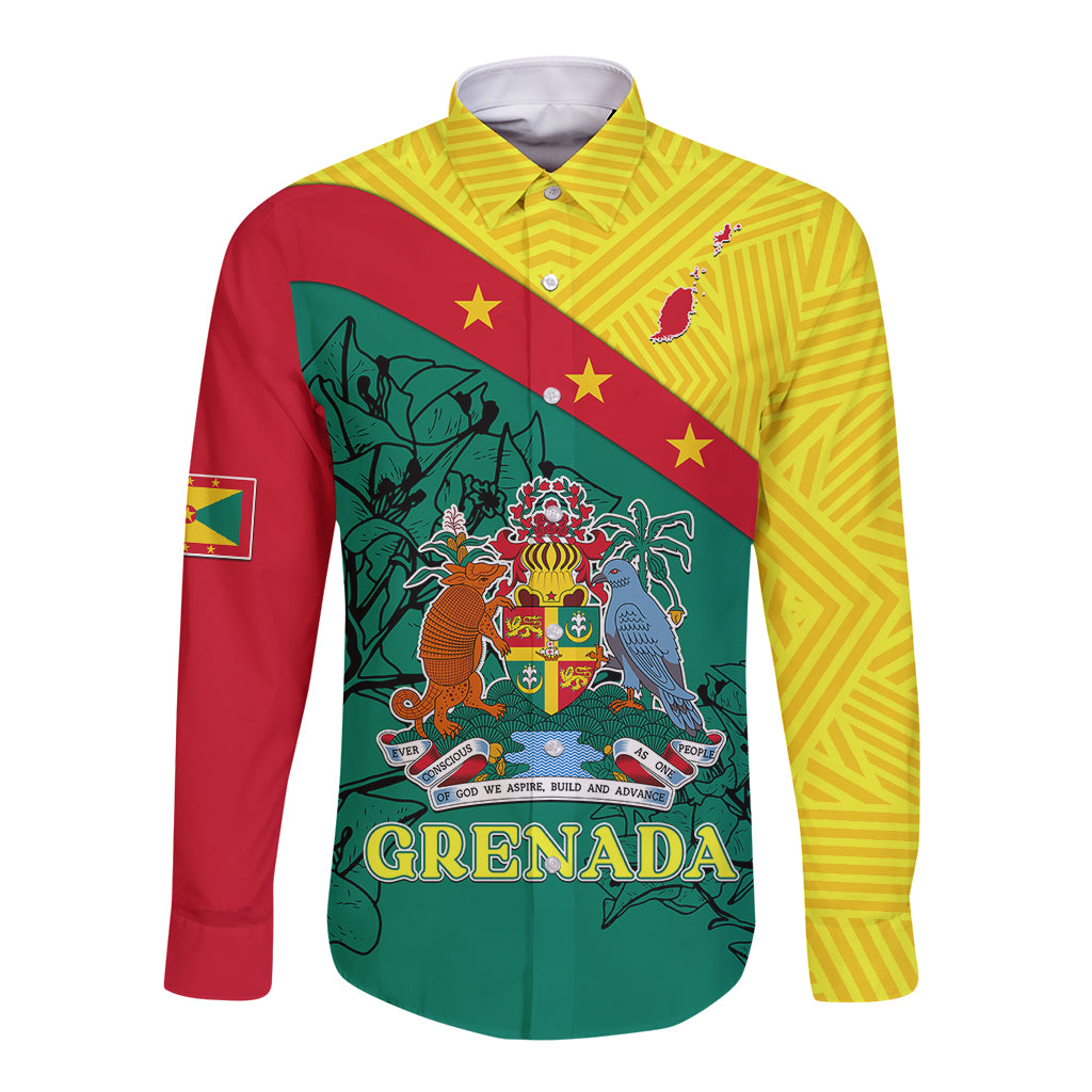 Long-sleeve button shirt with Grenada crest graphic, green yellow red panel design