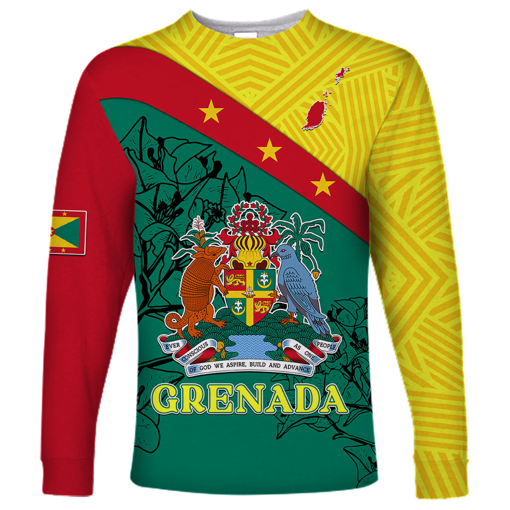 Unisex long-sleeve shirt with Grenada crest, floral accents graphic, red/yellow/green