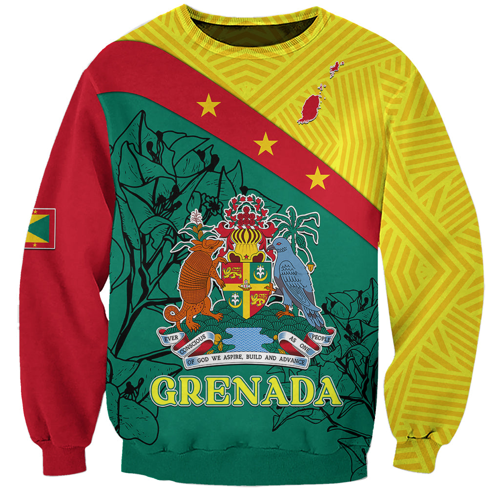 Unisex crewneck sweatshirt with Grenada coat-of-arms crest and floral graphic, red yellow green