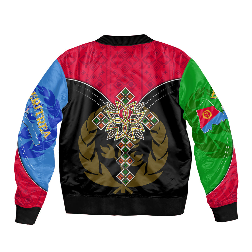 Unisex bomber jacket, Eritrea crest and cross graphic on back; multicolor sleeves