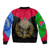 Unisex bomber jacket, Eritrea crest and cross graphic on back; multicolor sleeves