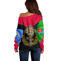 Off-shoulder sweater with Eritrea crest graphic, red green blue print, long sleeves