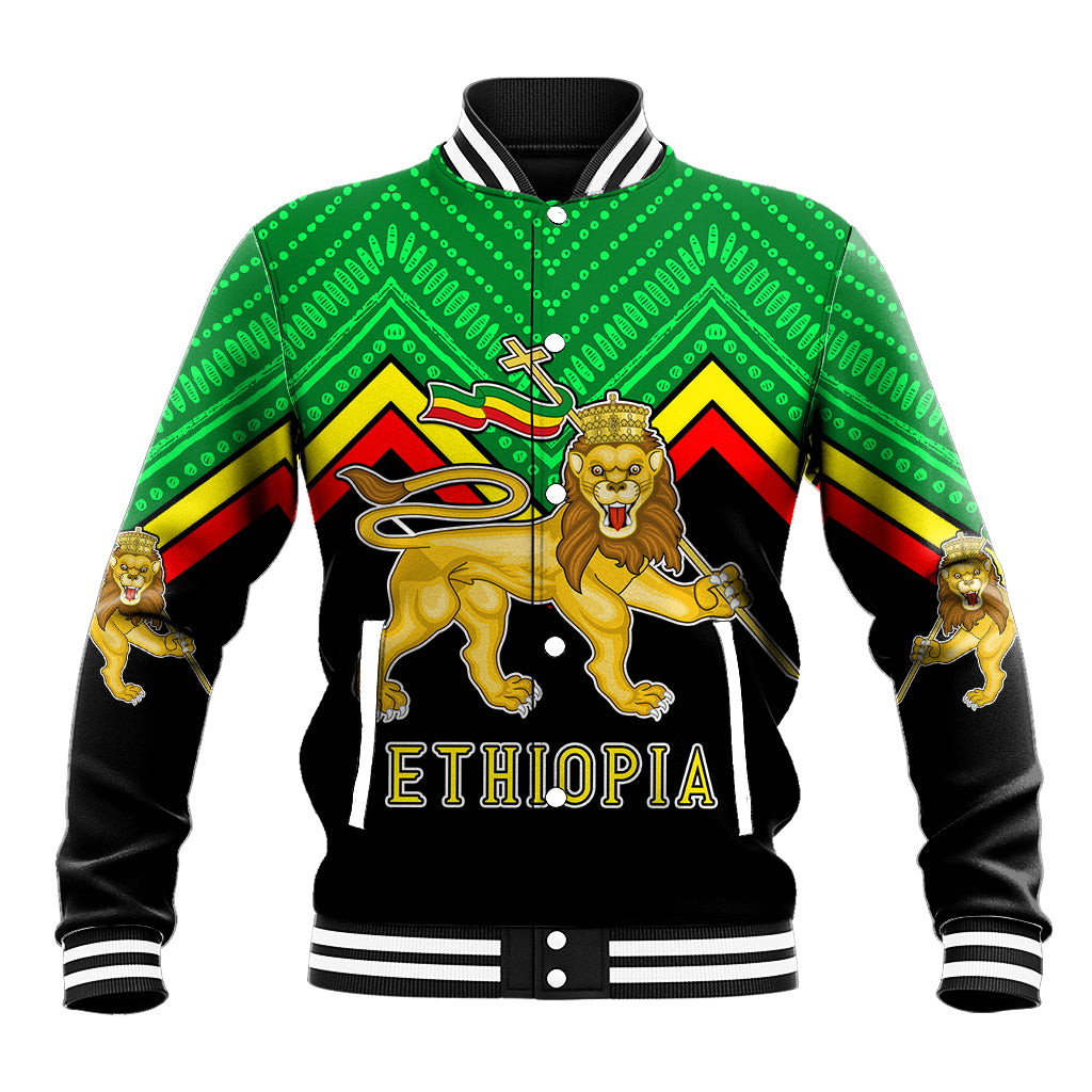 Unisex green/black varsity jacket with Ethiopia crest and lion graphic, striped rib cuffs