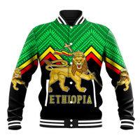 Unisex green/black varsity jacket with Ethiopia crest and lion graphic, striped rib cuffs