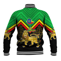 Green and black varsity baseball jacket with Ethiopia crest and lion, ribbed striped hem