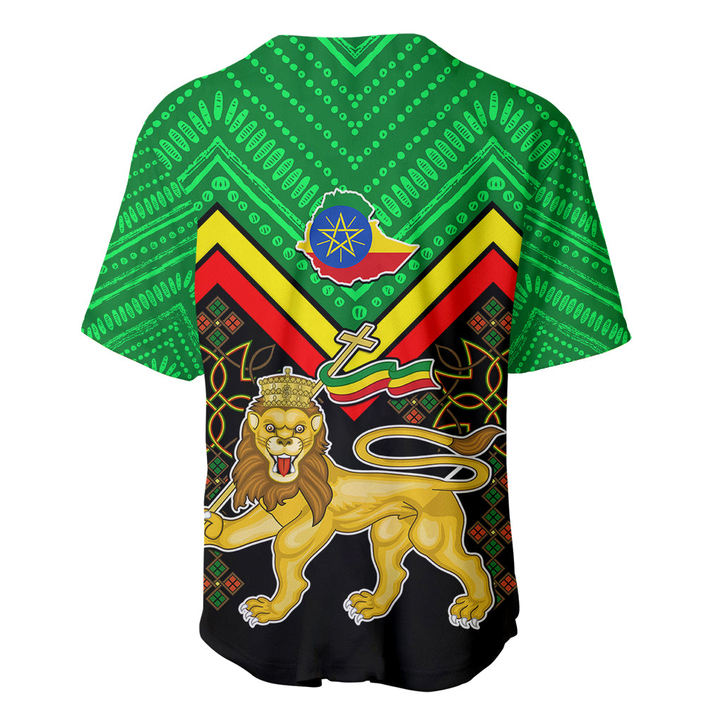Green and black V-neck baseball jersey with Ethiopian coat of arms flags, lion crest.