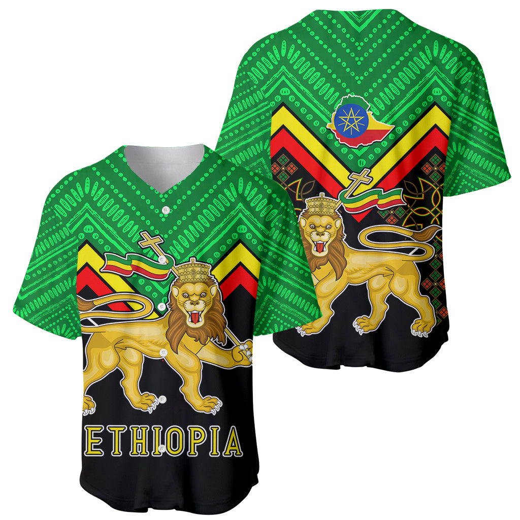 Two Ethiopia baseball jerseys, green patterned V-neck with lion coat of arms on black hem.