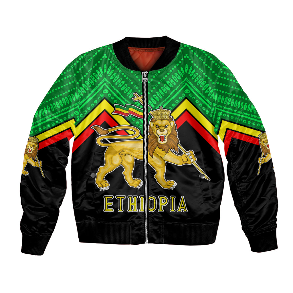 Unisex bomber jacket, black with green patterned yoke and Ethiopia crest front, zip