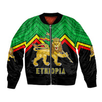 Unisex bomber jacket, black with green patterned yoke and Ethiopia crest front, zip