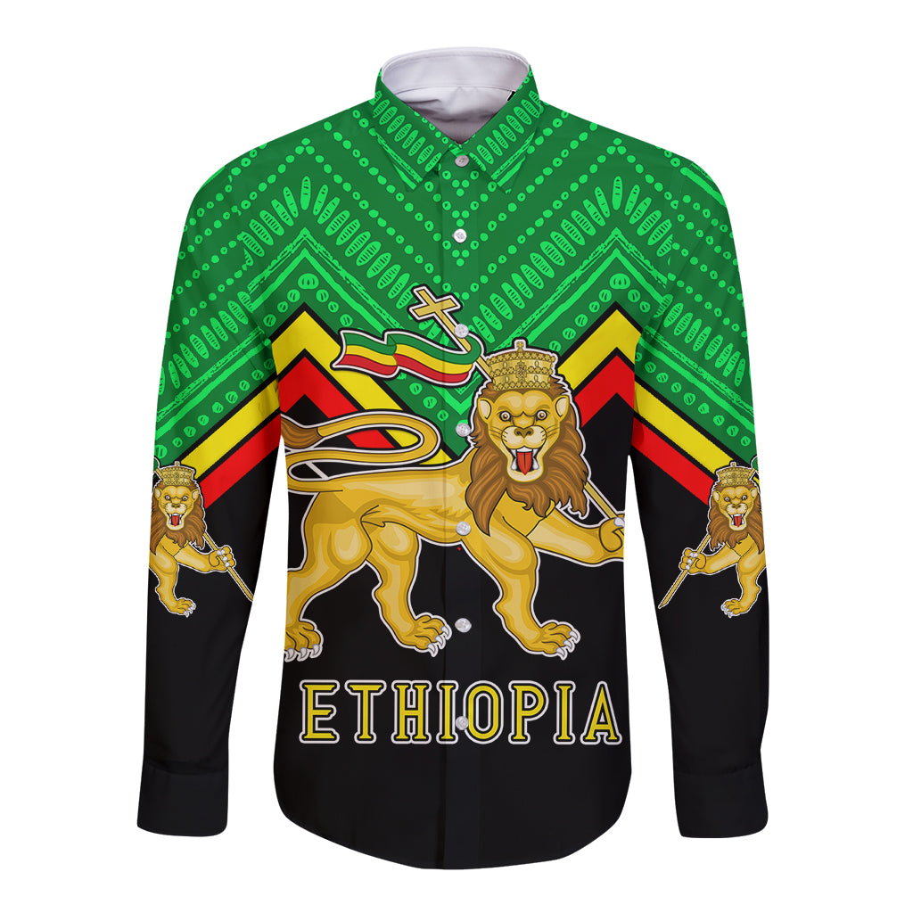 Ethiopia Long Sleeve Button Shirt Coat Of Arms With Hand Drawn Pattern TS06 - Wonder Print Shop