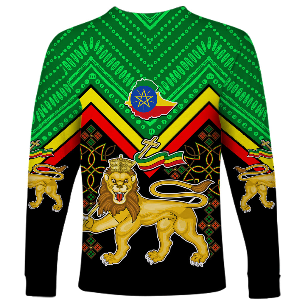 Green and black long-sleeve shirt with Ethiopia crest, lion in blue emblem, chevron pattern.