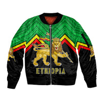 Unisex bomber jacket with zip front, green/black art pattern, lion crest and ETHIOPIA print