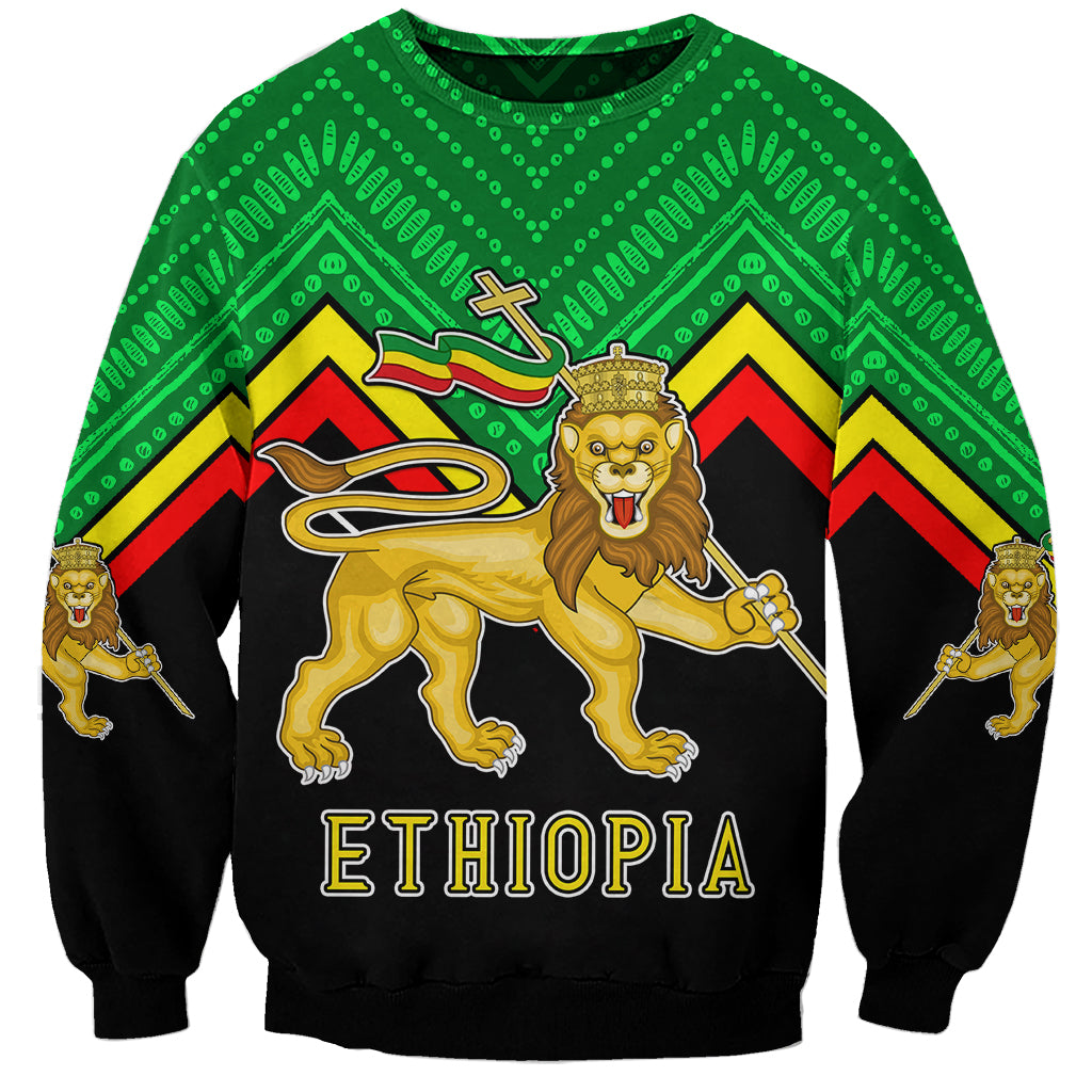 Unisex sweatshirt coat with green upper and black lower, Ethiopia lion graphic front