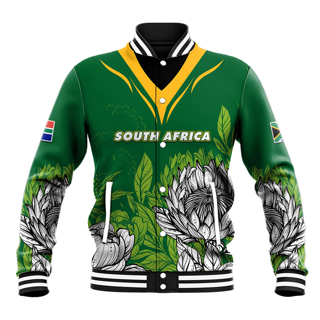 Green baseball jacket with South Africa text, leaf and king protea graphics, flag sleeve patch