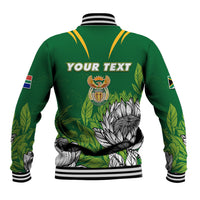 Green baseball jacket back with Your Text, crest and king protea graphic, ribbed striped cuffs