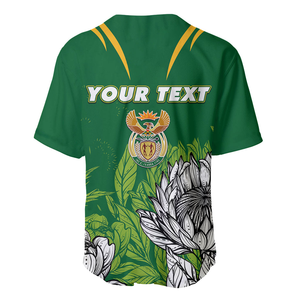 Green baseball jersey back with gold trim, 'YOUR TEXT' and crest badge print