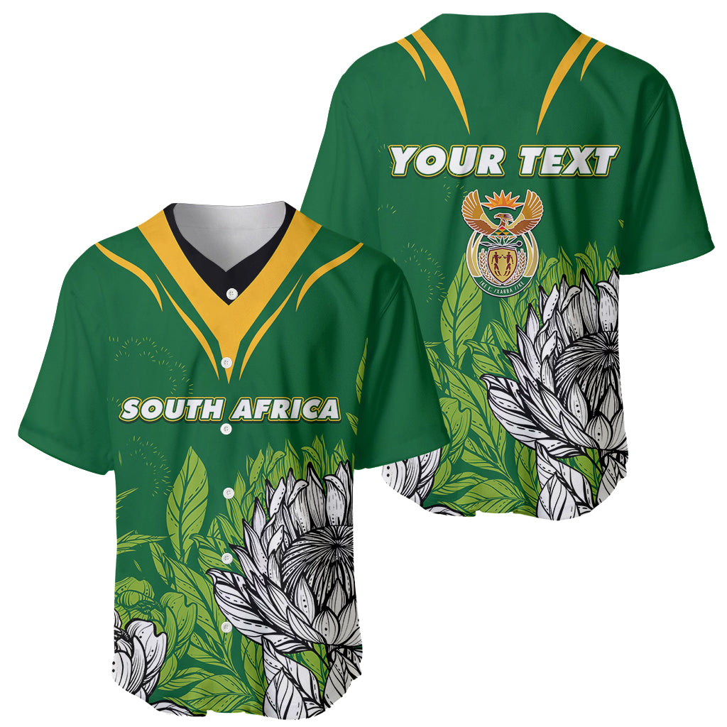 Pair of green baseball jerseys: front 'SOUTH AFRICA' and back 'YOUR TEXT' crest