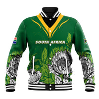 Green baseball jacket with striped collar and cuffs, South Africa crest and floral graphics