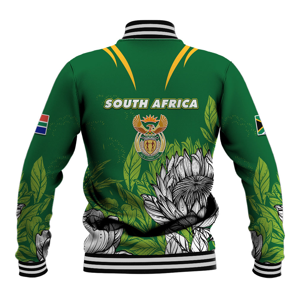 Green baseball jacket back with striped hem, South Africa crest and protea floral artwork