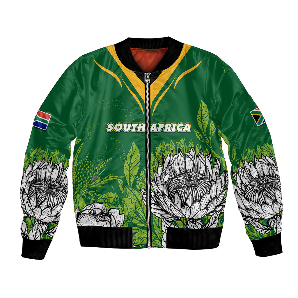 Green bomber jacket with zipper, ribbed cuffs, South Africa graphic panels and flower artwork