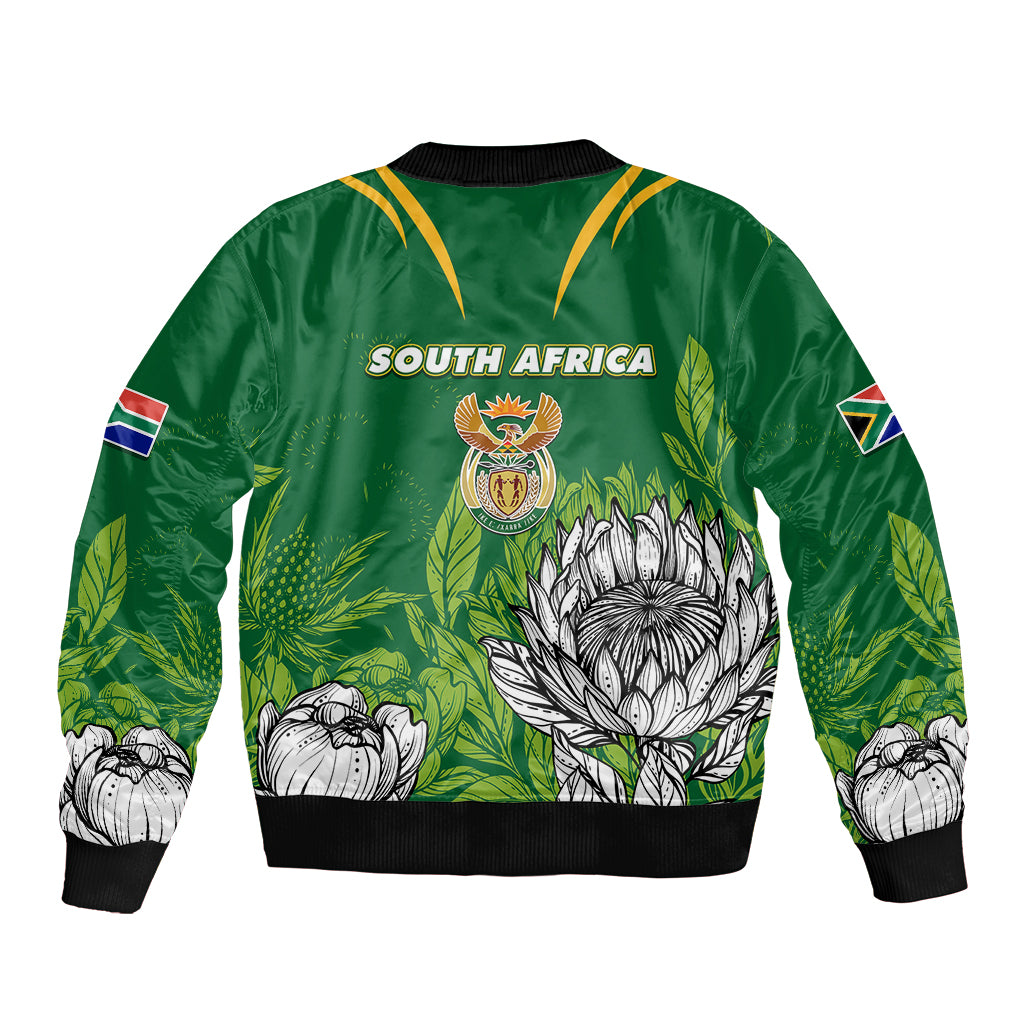 Green bomber jacket with crew rib collar, South Africa text and crest, flower and leaves print