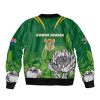 Green bomber jacket with crew rib collar, South Africa text and crest, flower and leaves print