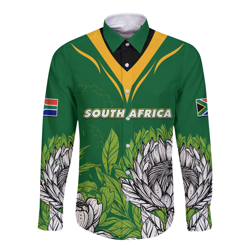 Green long sleeve button shirt with South Africa print, flag sleeve patches, protea floral
