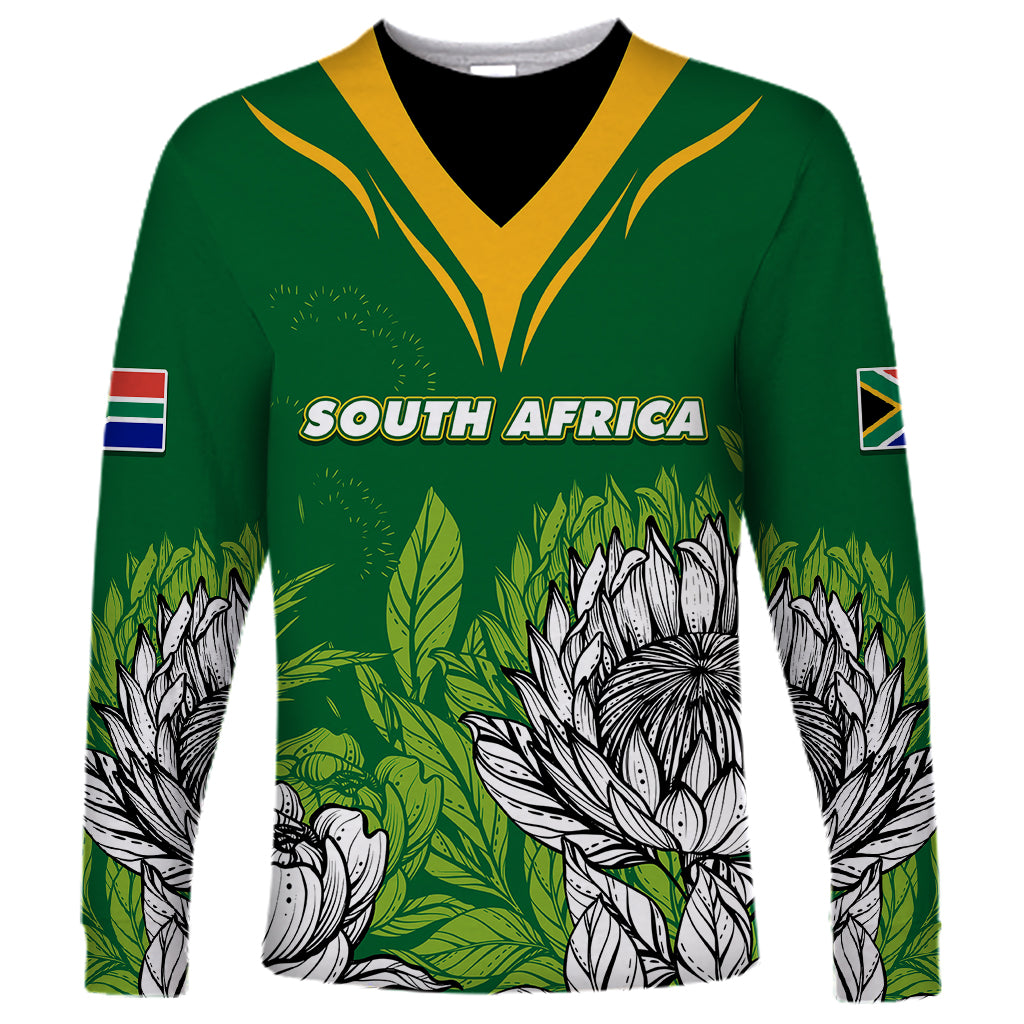 Green long-sleeve jersey with yellow V trim, South Africa text, leaf and protea print