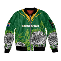 Green zip-front bomber jacket with black ribbed cuffs and large floral front graphic