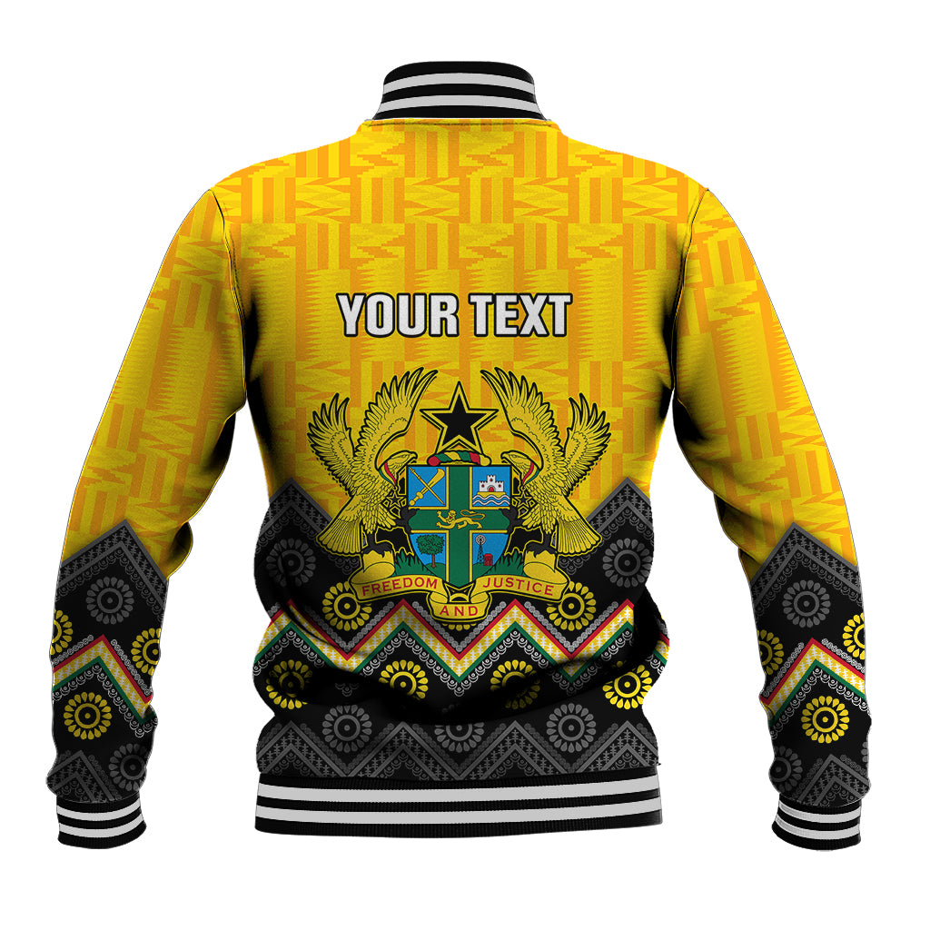 Yellow baseball jacket with black ribbed collar, coat-of-arms crest and patterned sleeves