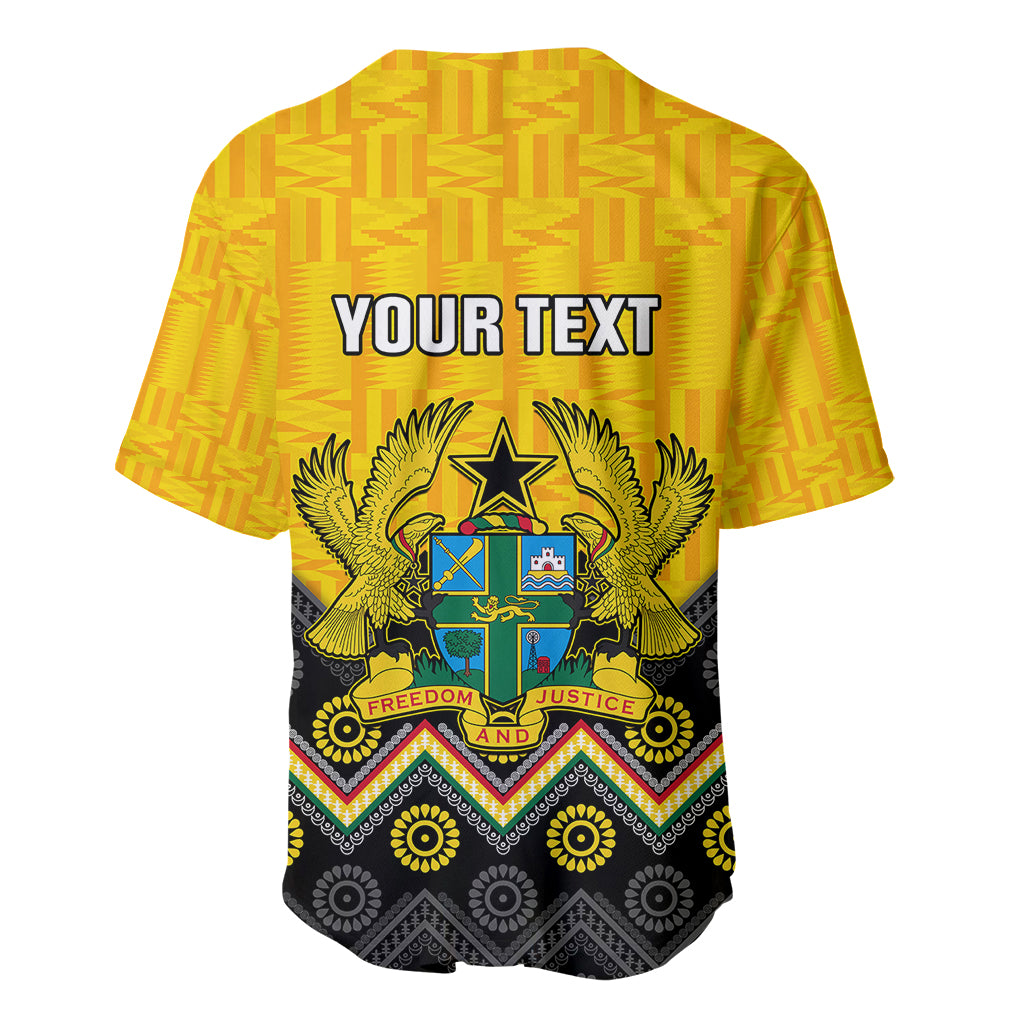 Yellow baseball jersey back with kente pattern, 'YOUR TEXT' print, coat of arms crest