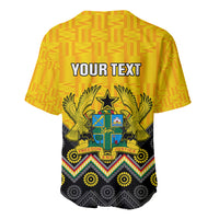 Yellow baseball jersey back with kente pattern, 'YOUR TEXT' print, coat of arms crest